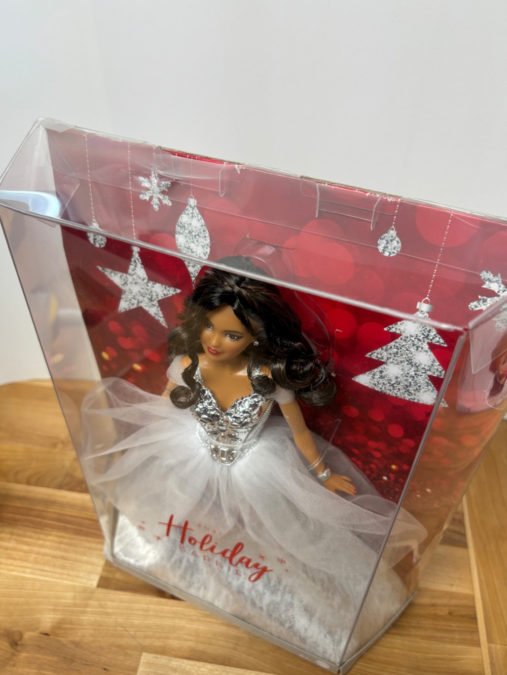 2021 Holiday Barbie Brunette Silver White Gown Christmas Collector Doll Mattel NIB