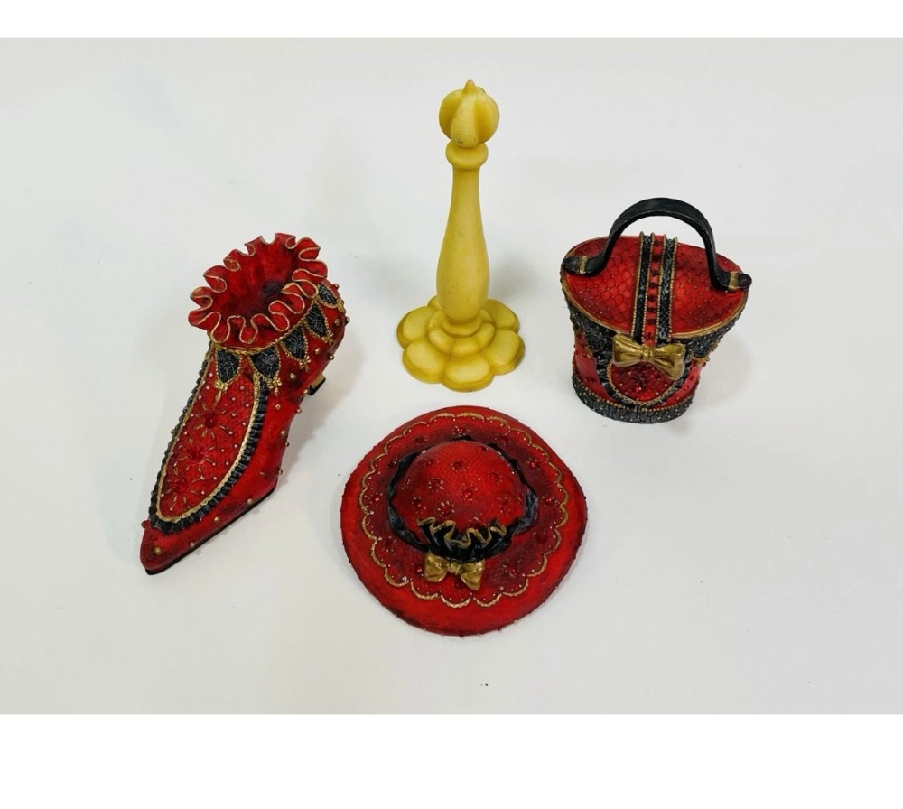 Figurine Set Miniature Victorian Hat Shoe Purse Resin Vanity Decor 3 Piece
