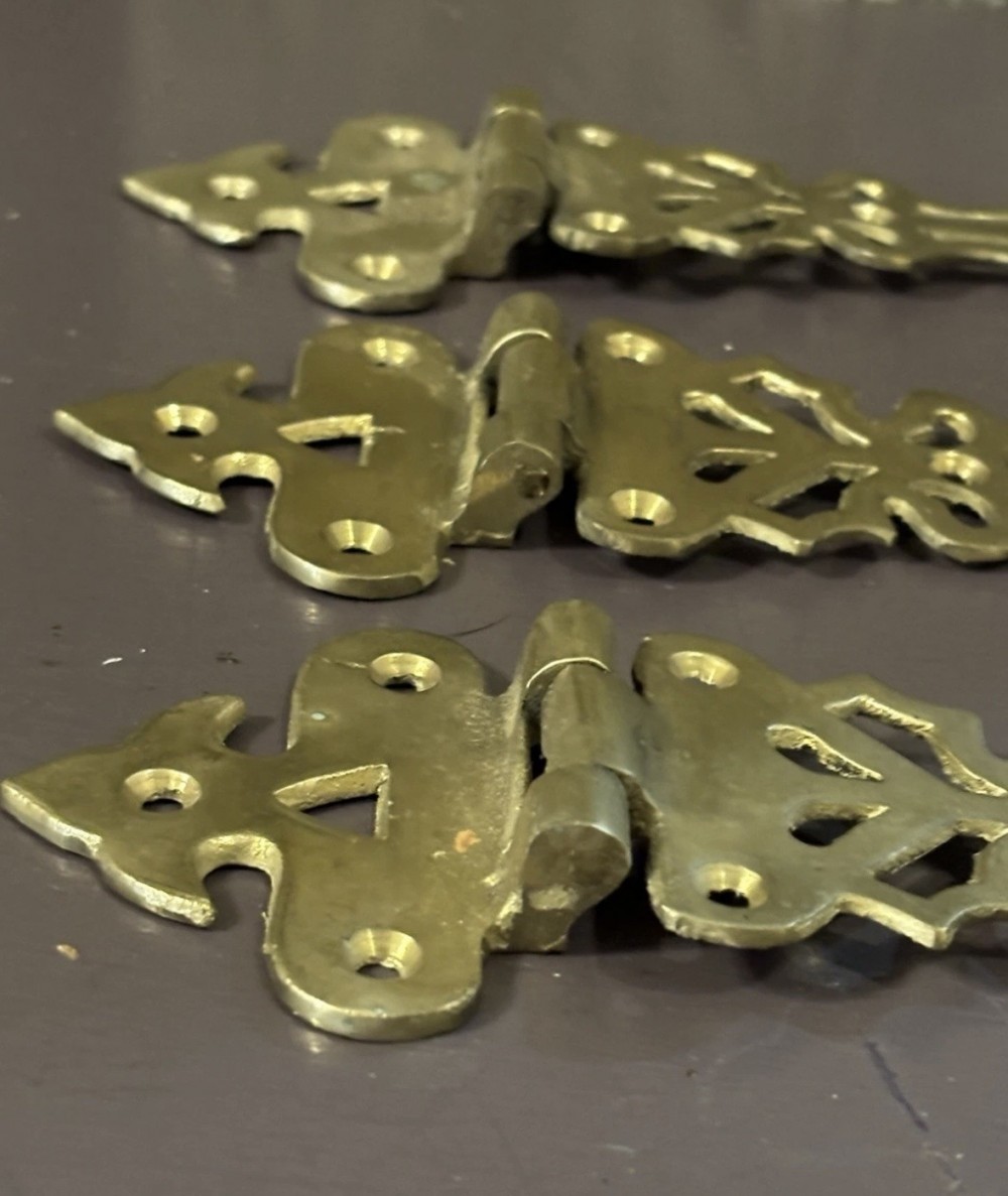 Antique Solid Brass Offset Ice Box Hinges Set of 3 Decorative Cabinet Strap Hinges 6¾”