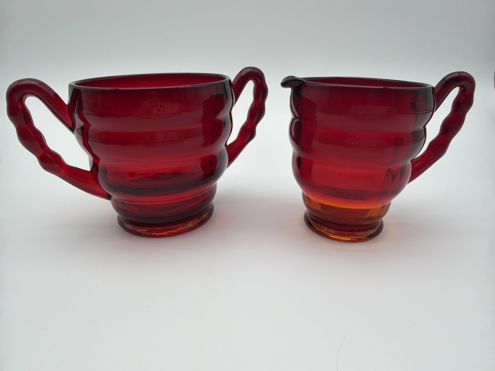 Vtg Red Cream & Sugar w/Cadmium Glow