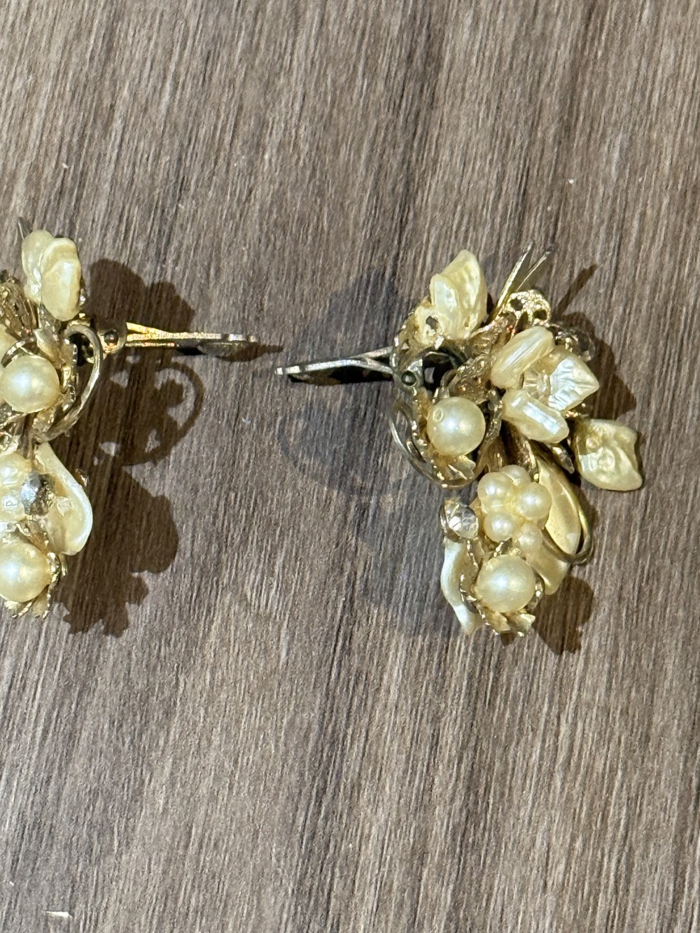 Vintage Floral Pearl and Rhinestone Gold Clip on Earrings