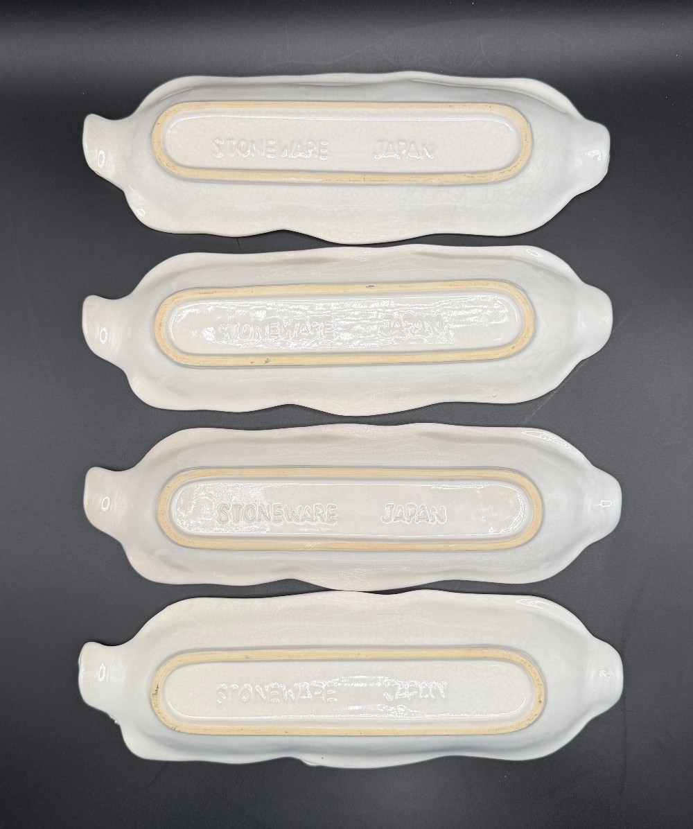 Vintage White Stoneware Corn on the Cob Dishes – Set of 4 Embossed Japan Ceramic Serveware Trays