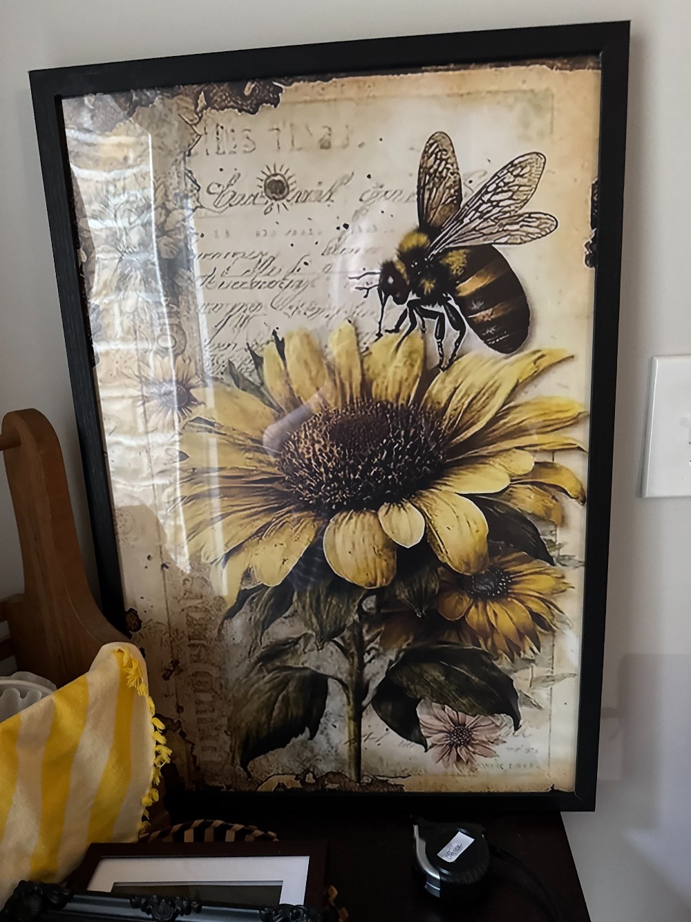 BUMBLE BEES AND SUNFLOWERS, FRAMED CANVAS