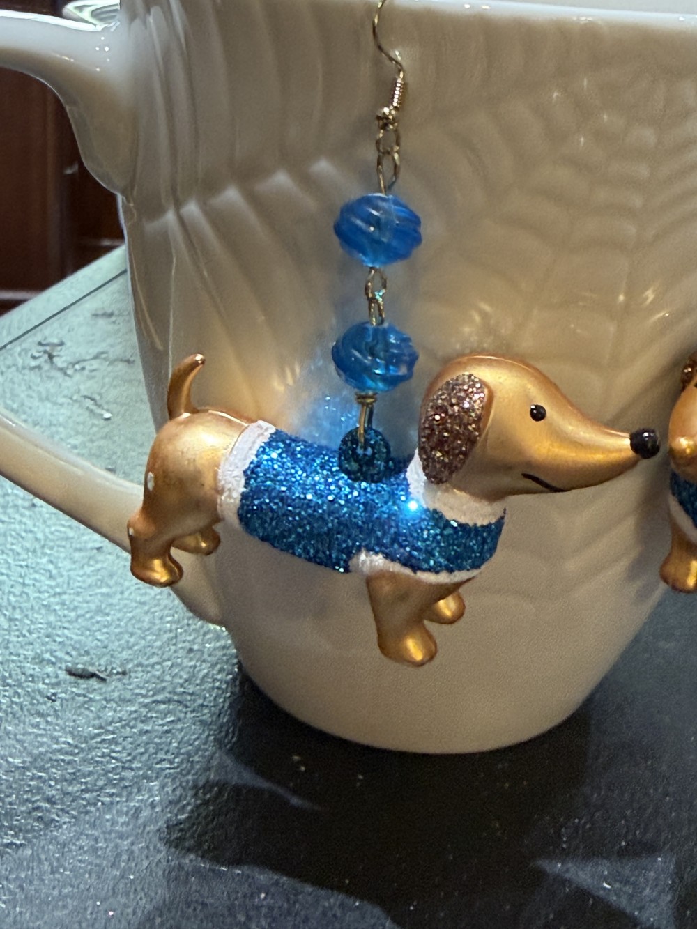 Earrings - Dachshund in Blue Glittered Sweater, Doxie, Dog