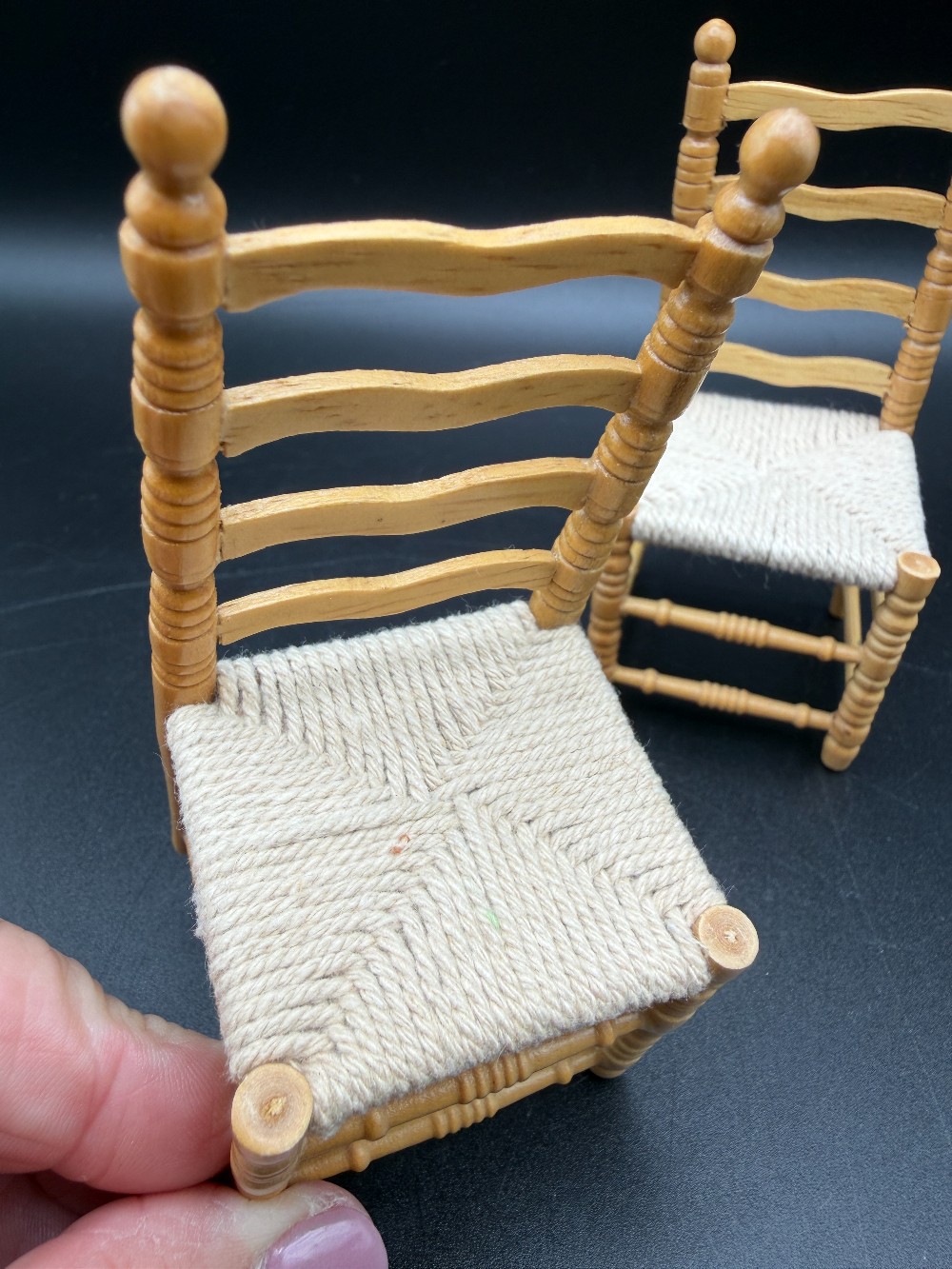 Vintage 1:12 Scale Miniature Wooden Ladderback Chairs with Woven Seats - Pair