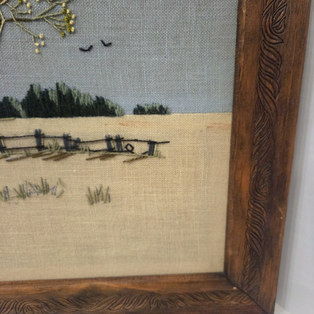 VTG Crewel Paragon Waking Willow Tree Blue Sky Embroidered Framed No Glass