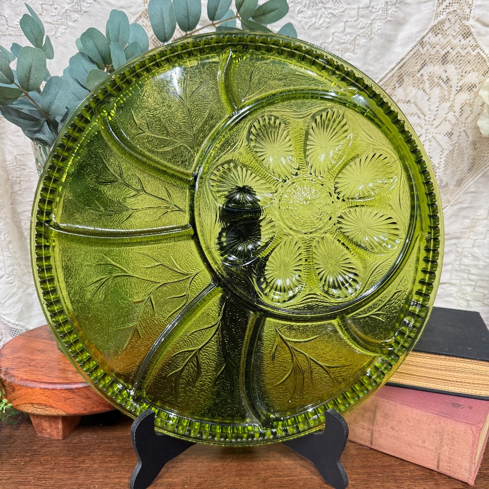 Indiana Glass Green Pebble Leaf Deviled Egg & Relish Tray