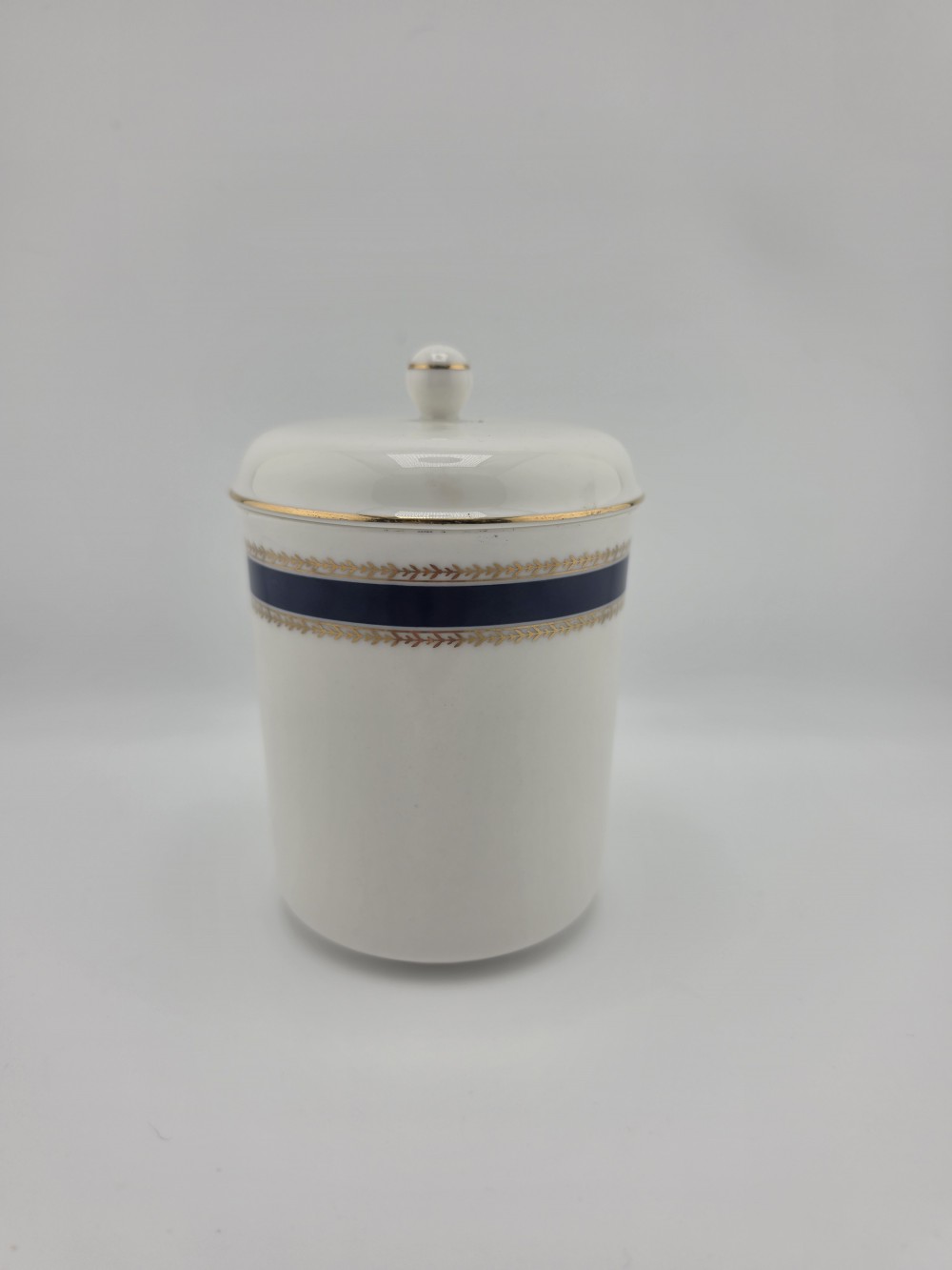 VTG 1980s Bill Blass Lidded Vanity Jar Navy Gold Laurel