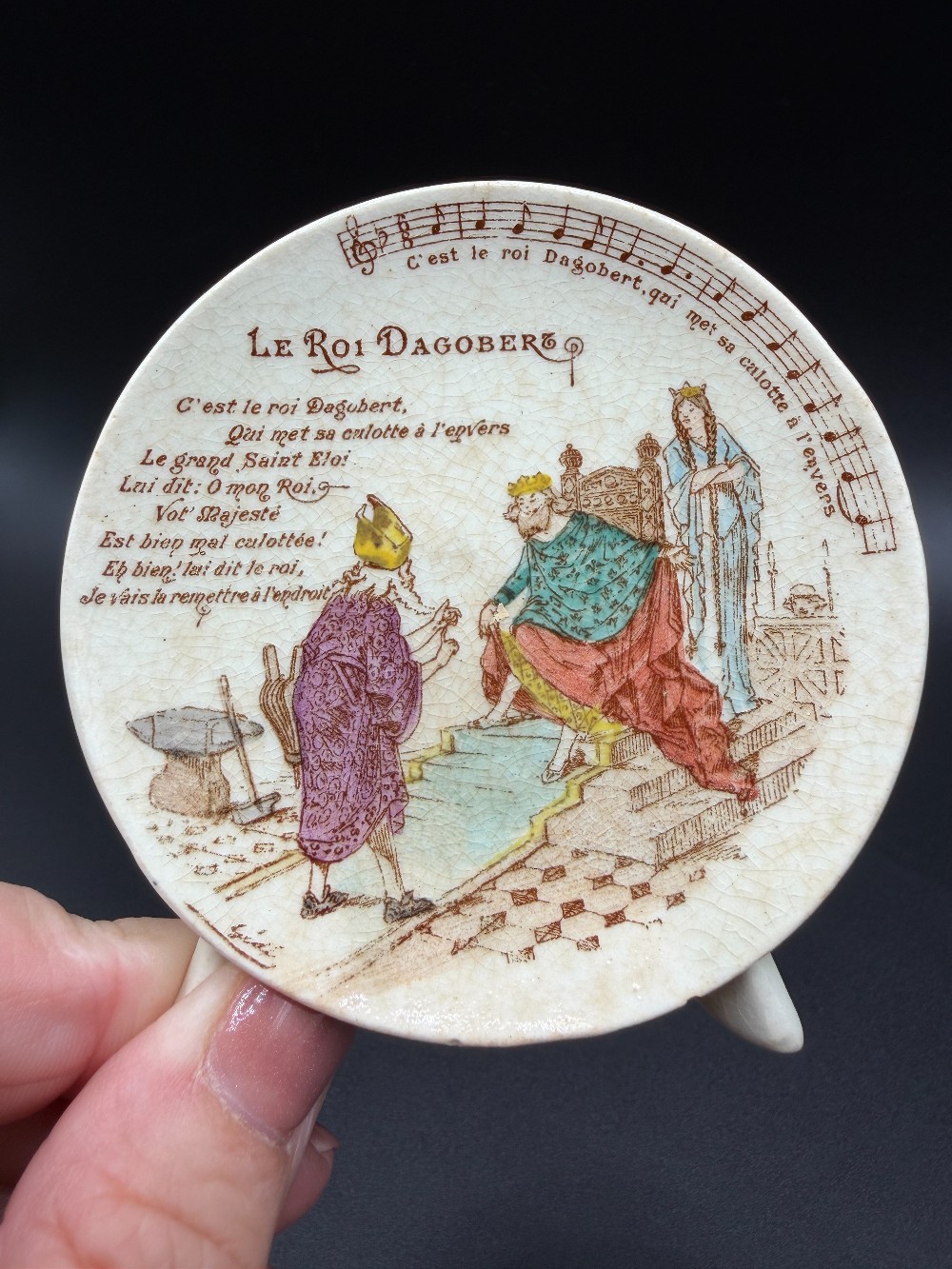 Antique French Faience Miniature 3 Inch Easel Plate - Le Roi Dagobert by G.D. Paris