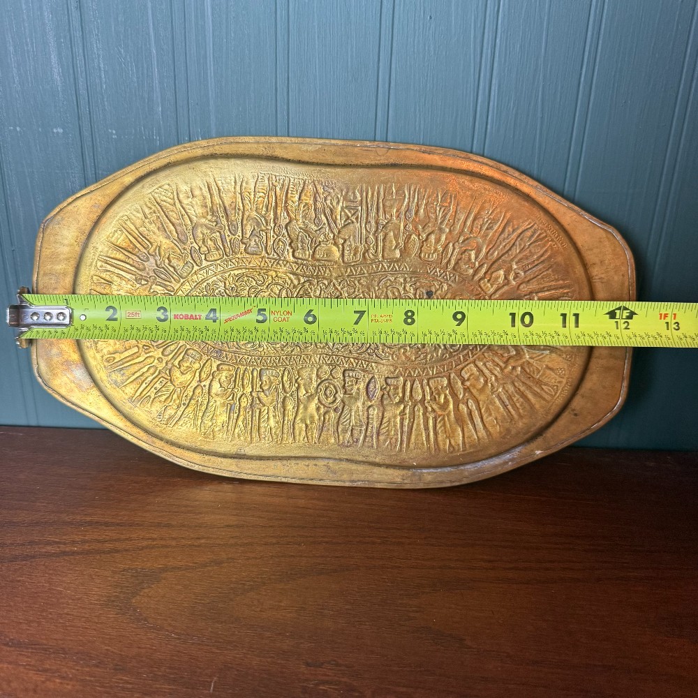 Vintage Brass Oval Tray, Embossed Persian-Style Figures