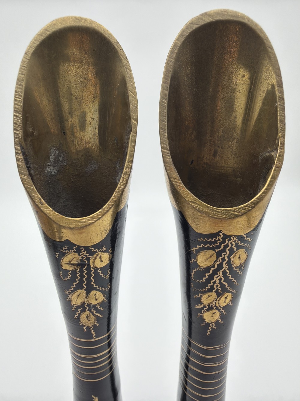 Pair Vintage Etched Brass Bud Vases