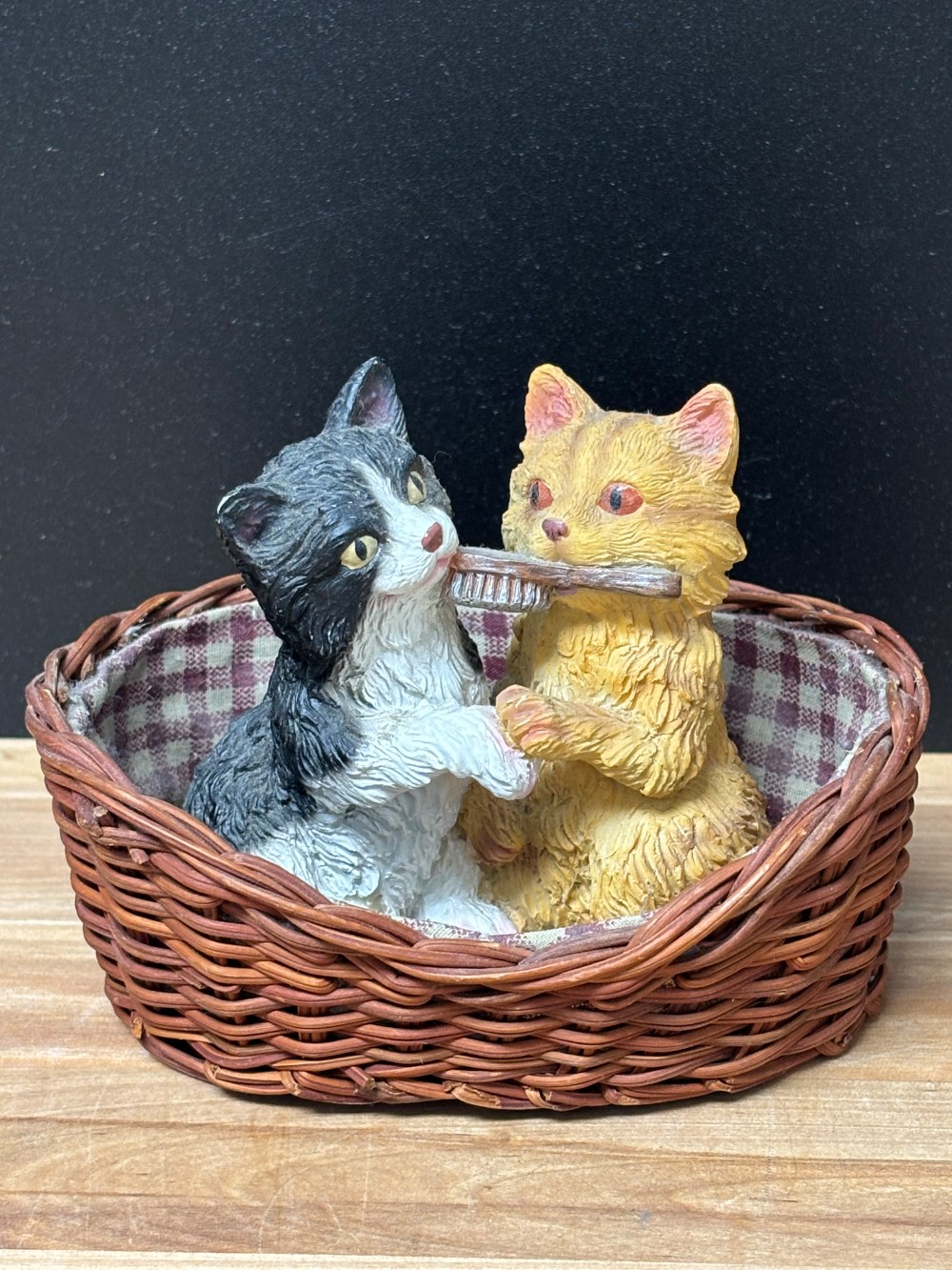 Living Stone Cat Figurine Kittens with Brush in Wicker Basket Vintage