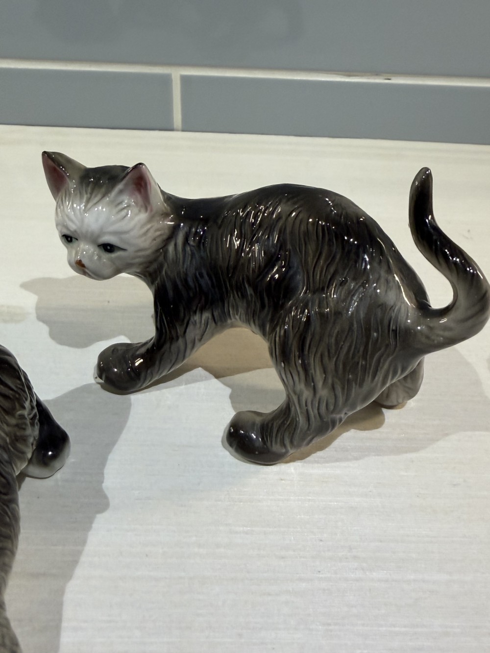 Vintage Gray & White Ceramic Cat Figurines Set of 3