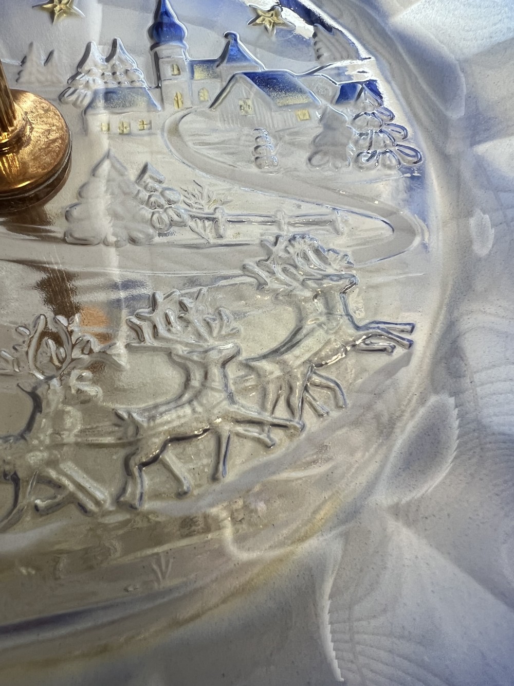 Vintage Blue Glass Two-Tier Serving Tray with Winter Scene