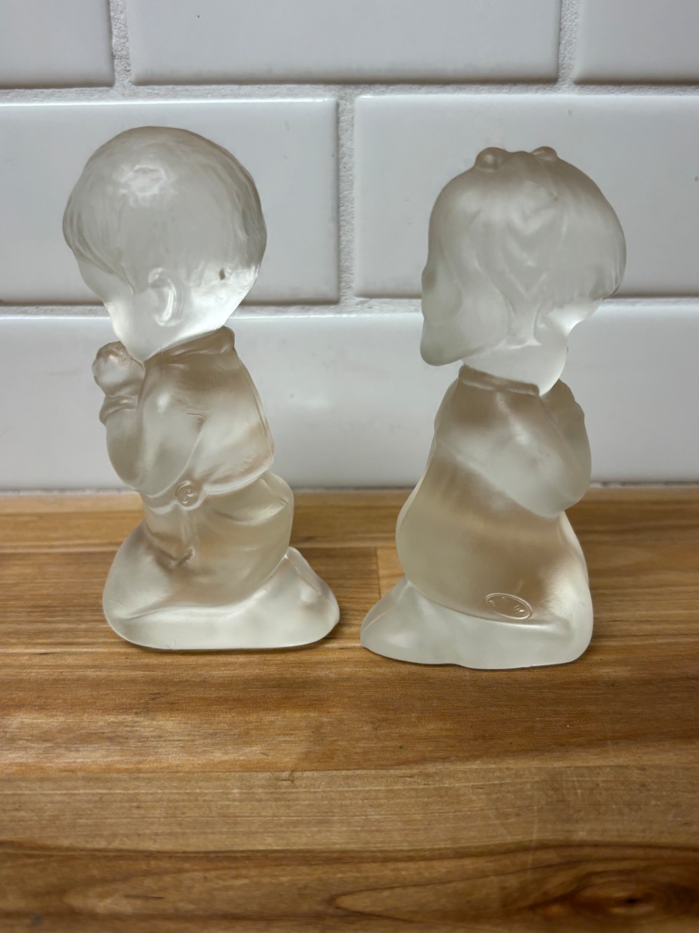 Fenton Frosted Satin Glass Praying Boy & Girl Figurines Pair