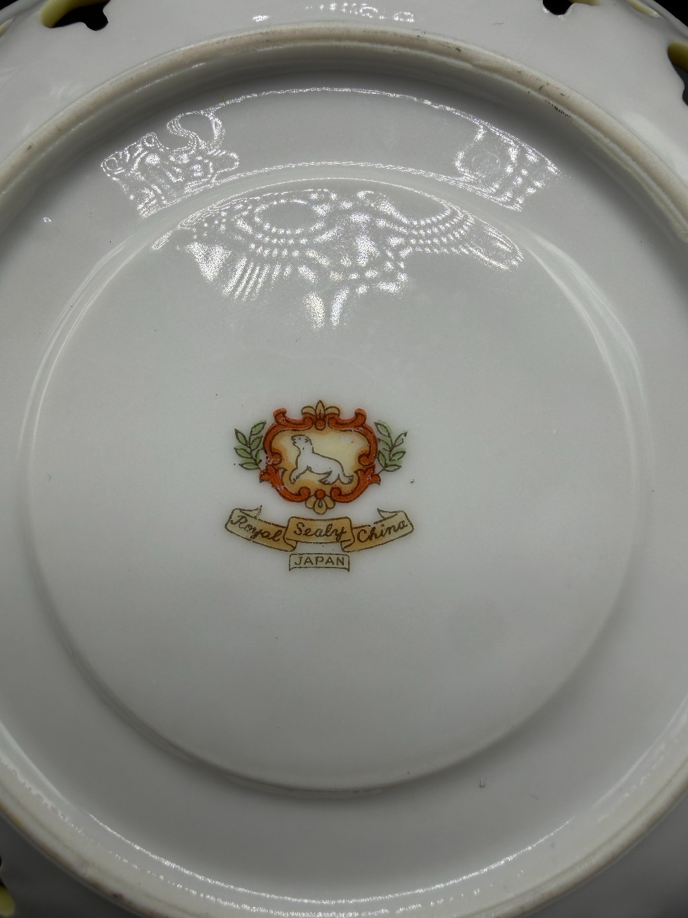 Vintage 1950s Royal Sealy Reticulated Lusterware Saucer – Yellow Porcelain with Iridescent Medallion Center & Gold Filigree