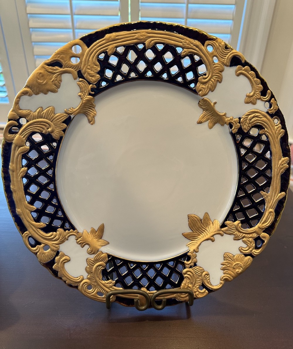 Blue, White and Gold Porcelain Plate Pierced European Style