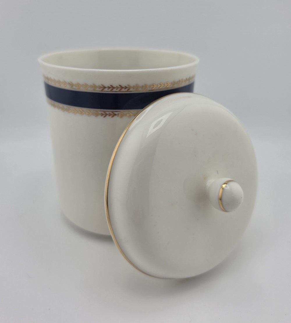 VTG 1980s Bill Blass Lidded Vanity Jar Navy Gold Laurel