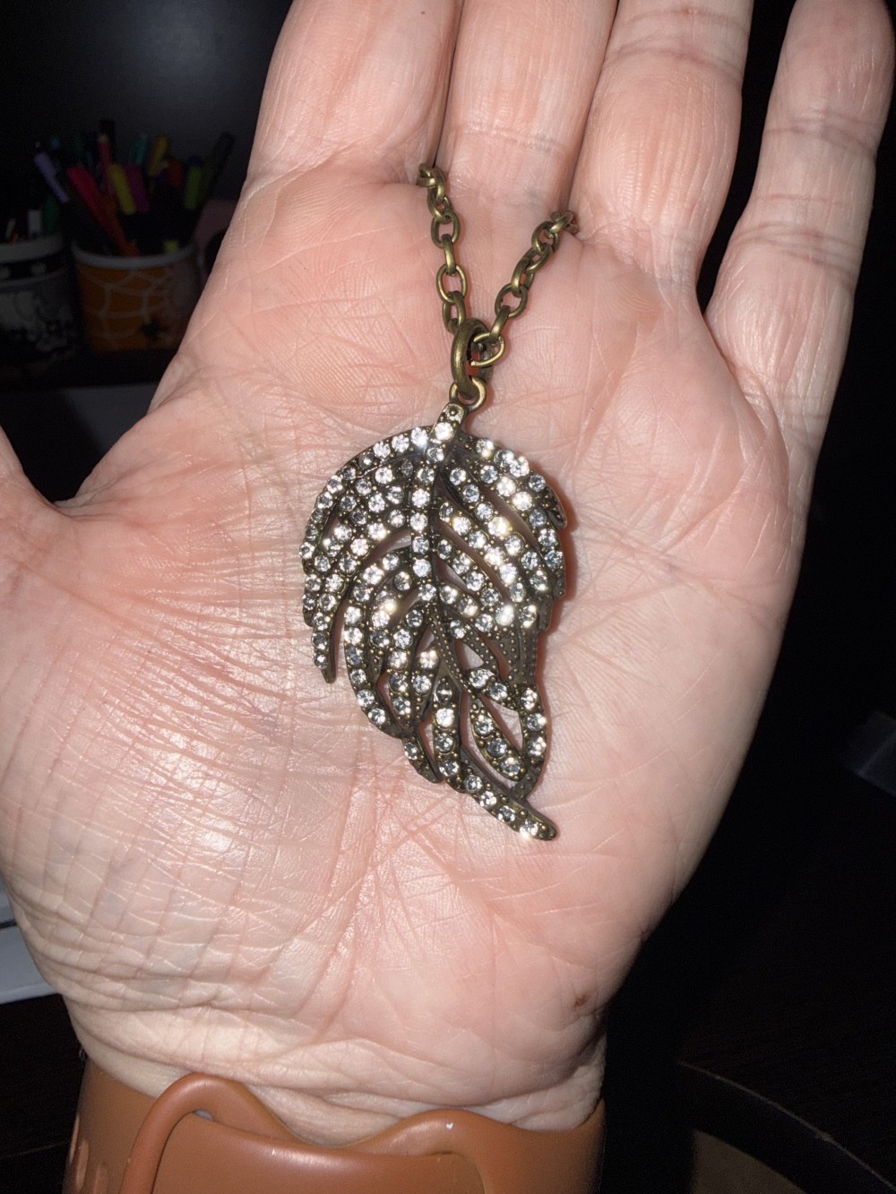 Pendant Necklace - Bronze Feather or Leaf in Rhinestone