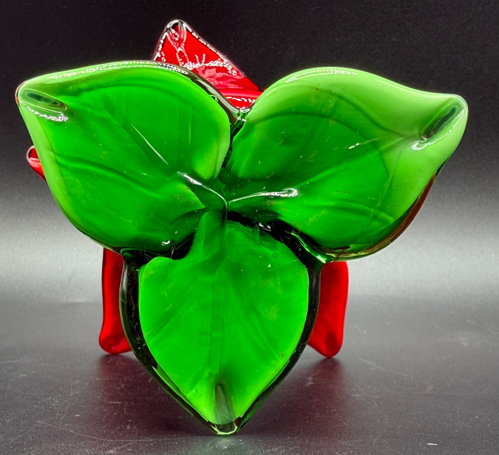 Vintage Hand-Blown Red Art Glass Tulip Votive Candle Holder – Green Leaf Base