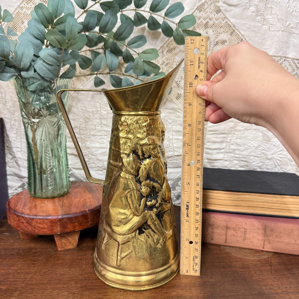 Vintage English Brass Repousse Tavern Scene Pitcher | Embossed Figural Jug | Made in England | Dark Academia Decor