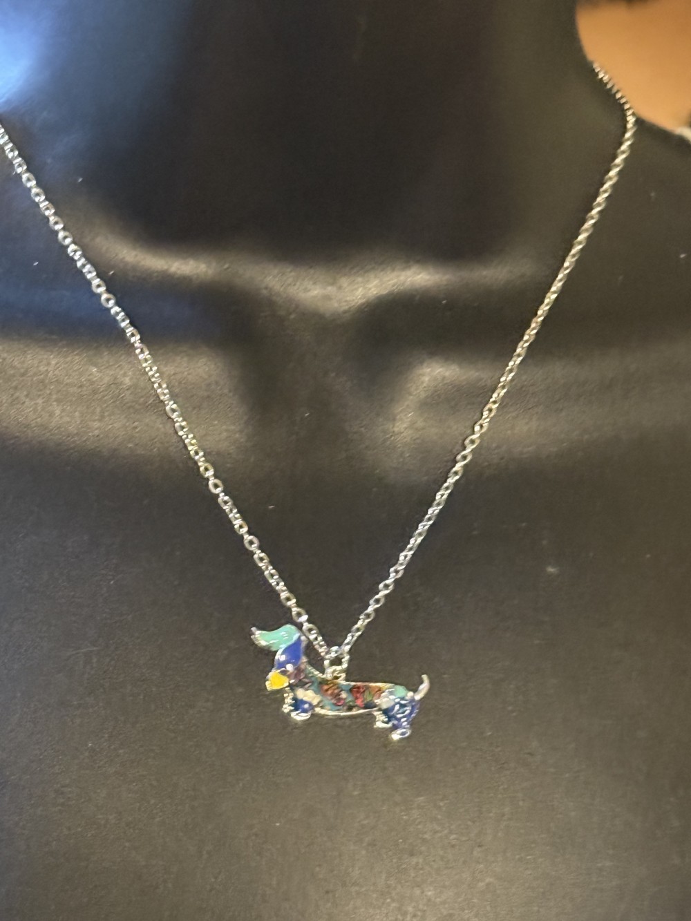Necklace Enamel Dachshund Blue Patterned, Dog, Doxie