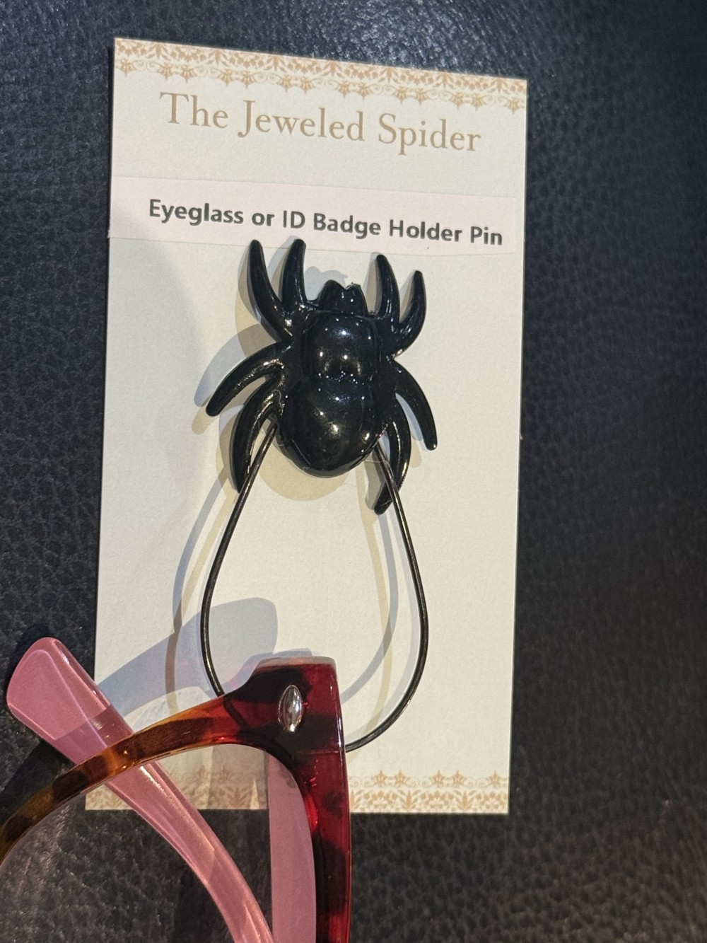 Eyeglass or ID Badge Holder Pin - Black Spider Tear Drop Loop