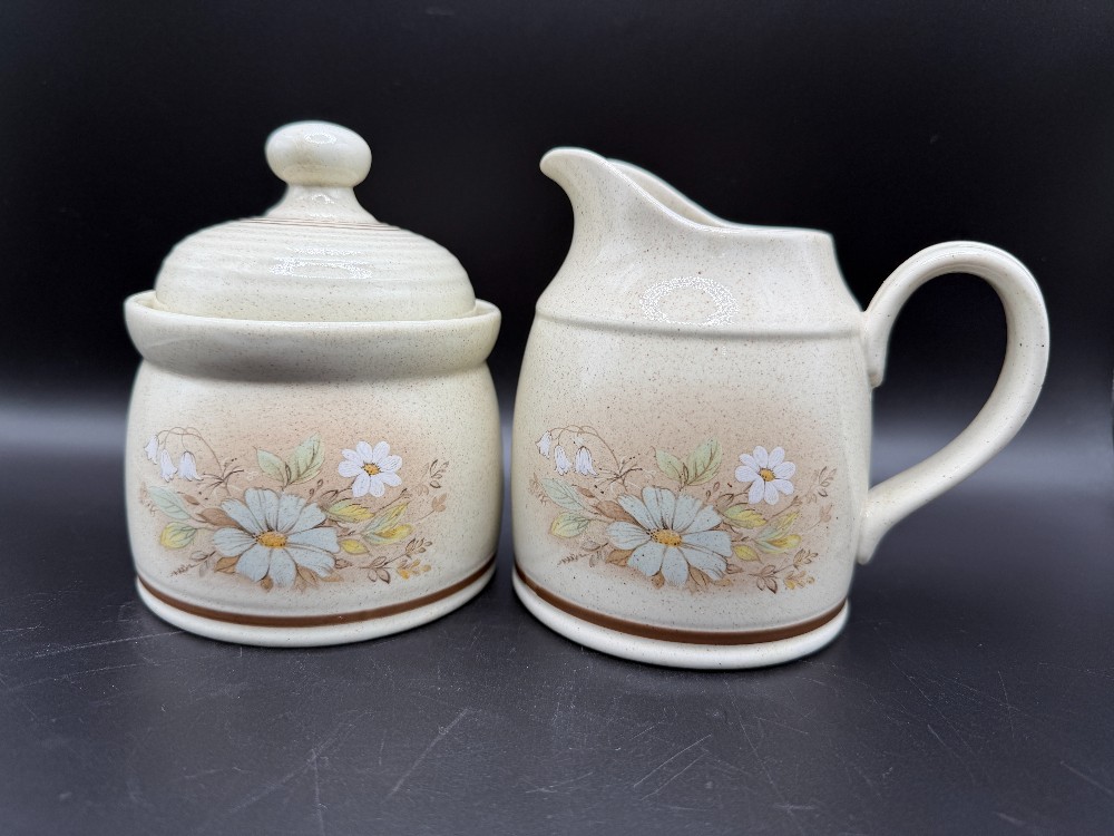 Royal Doulton Lambethware Florinda Creamer and Lidded Sugar Bowl Set - 3 Piece Stoneware LS1042 Made in England Vintage