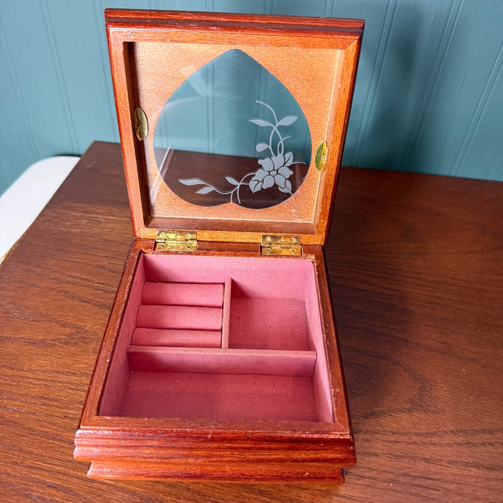Wood Jewelry Box, Etched Heart Glass Lid