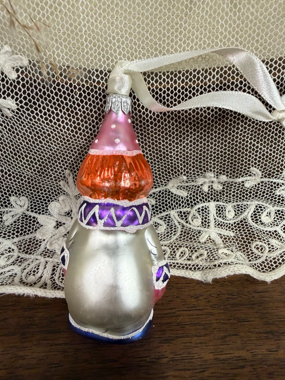 Blown Glass Clown Ornament Pink Hat Silver Body