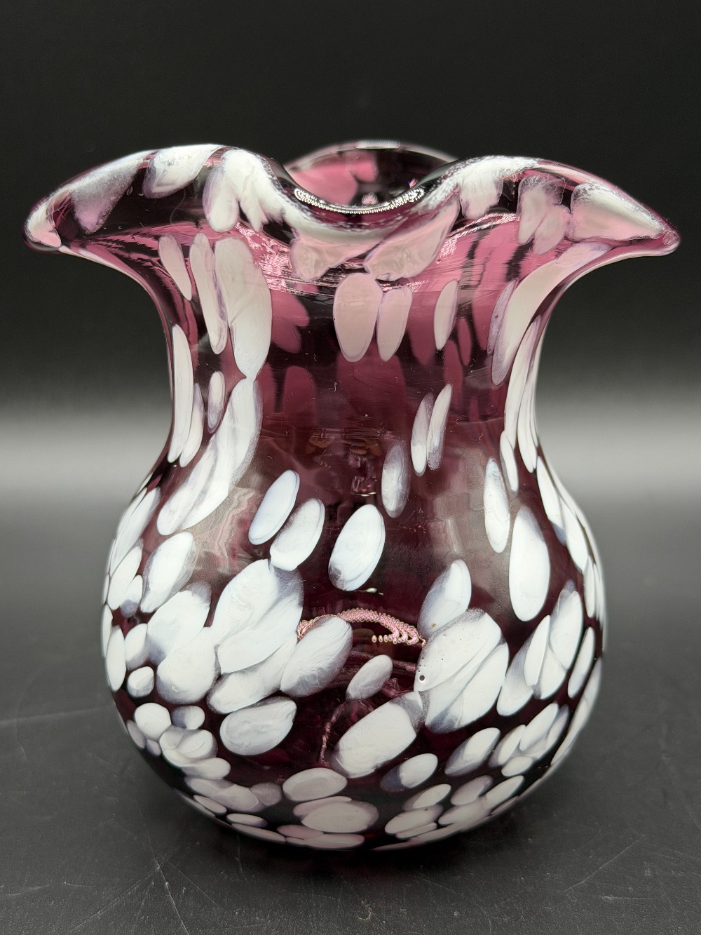 Vintage Amethyst Purple & White Spatter Art Glass Pitcher - Ruffled Rim