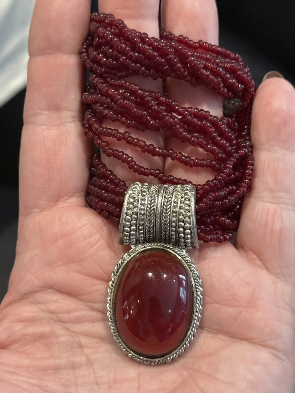 Necklace - Burgandy Glass Beads with Oval Pendant