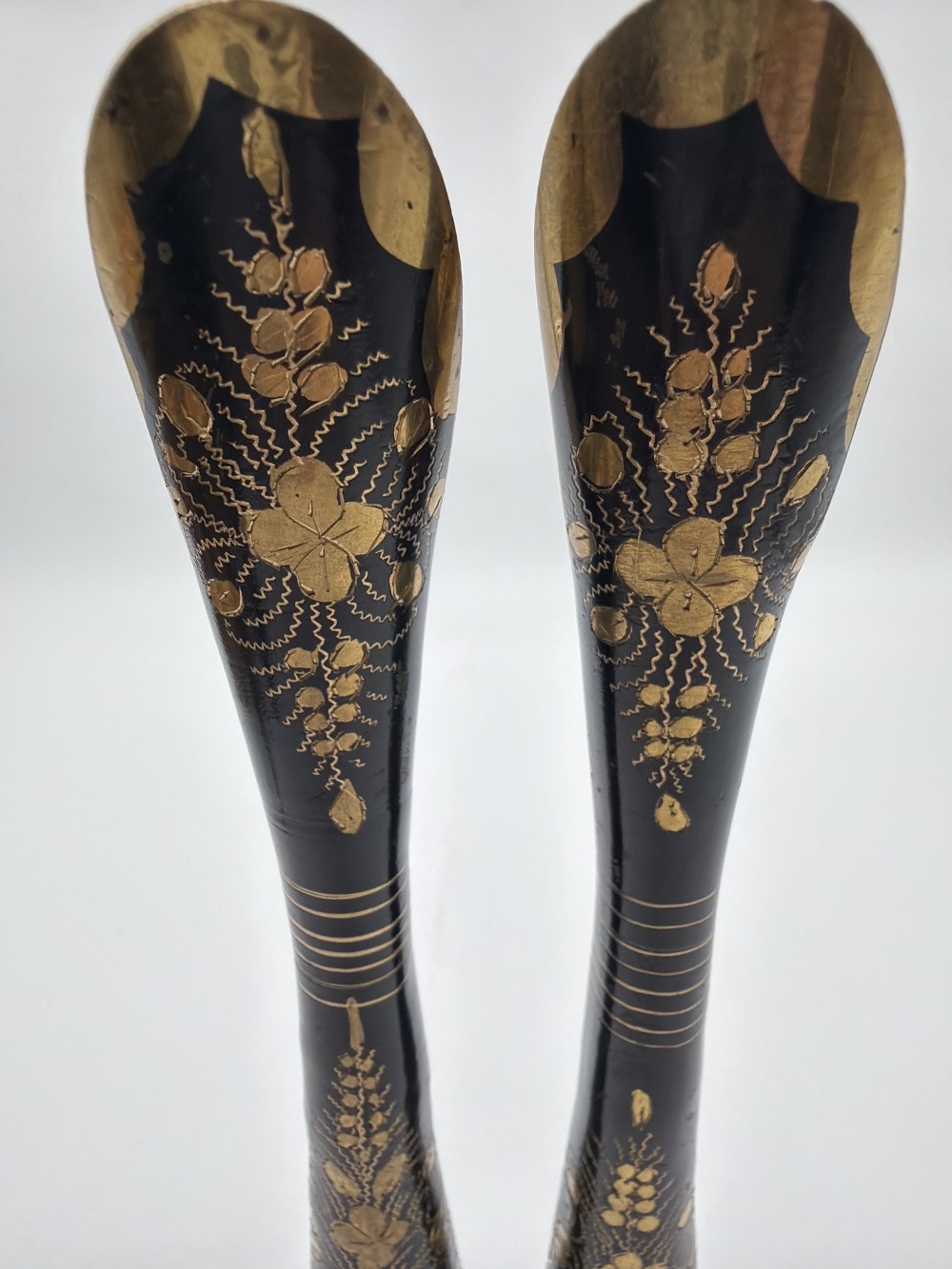 Pair Vintage Etched Brass Bud Vases