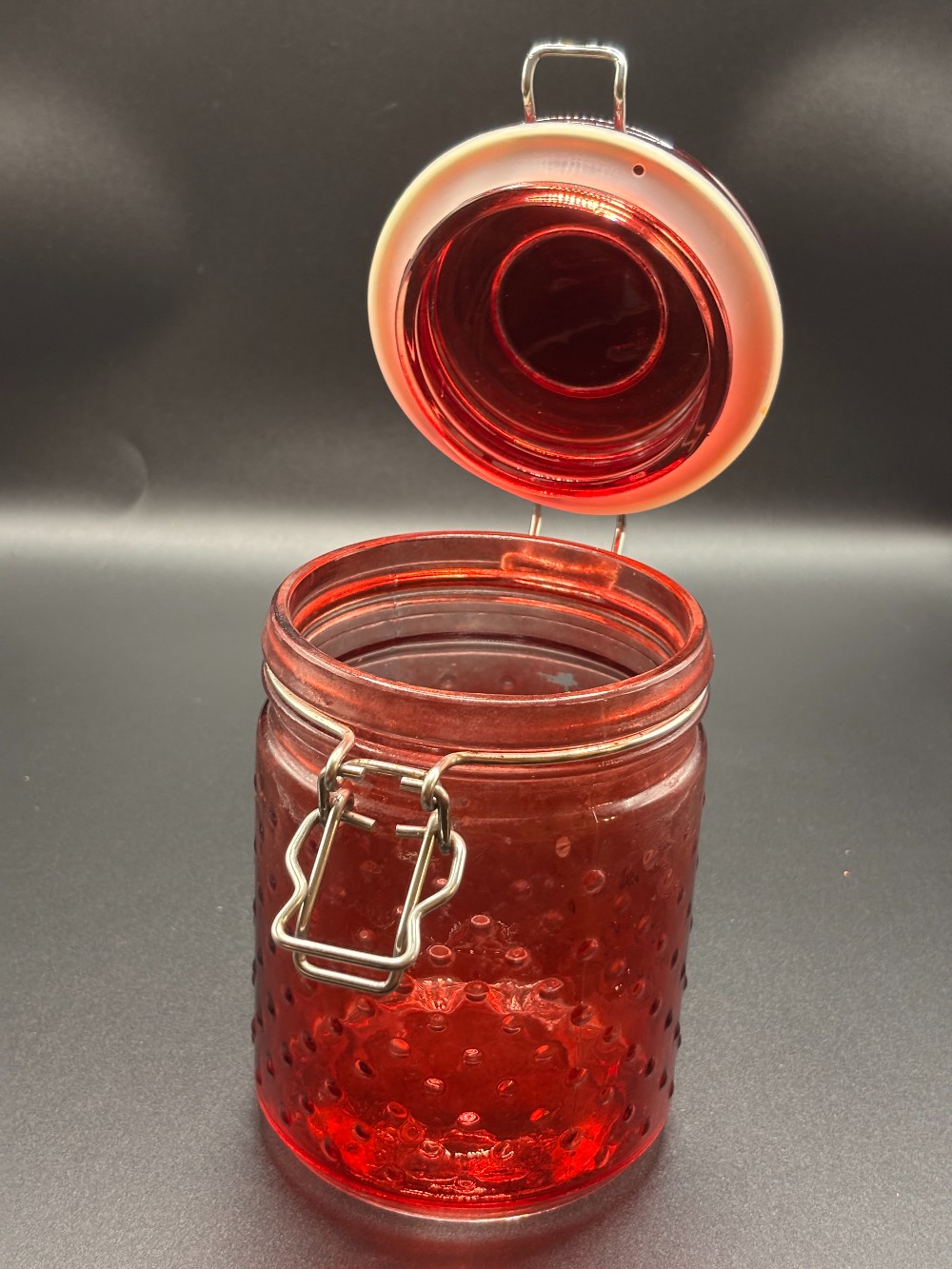 Kitchenware red hobnail glass flash painted cannister w/metal latch & seal