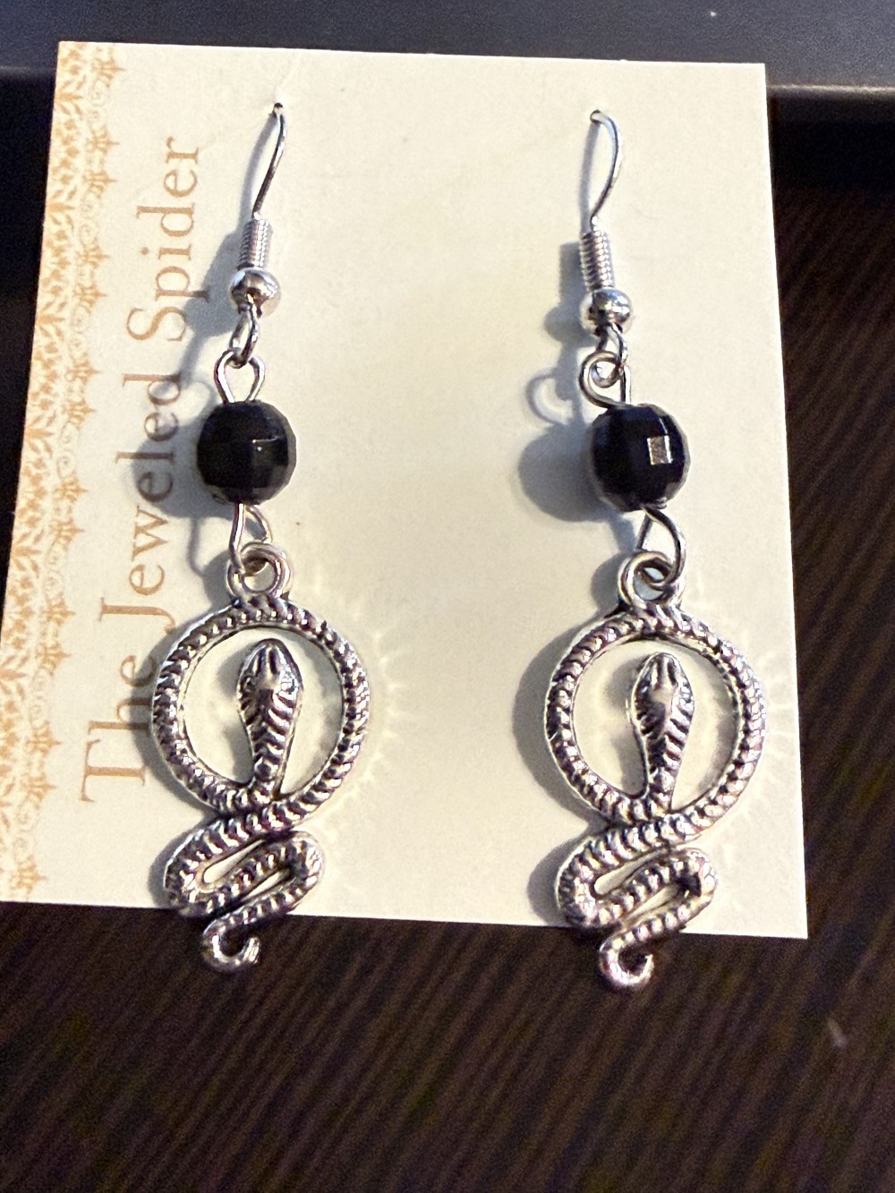 Earrings - Petite Circled Snake Black Bead Snake, Serpent, Snakes, Serpents