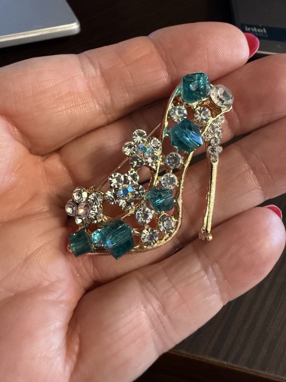 Brooch Pin - Ladies Heel Shoe Blue Rhinestone