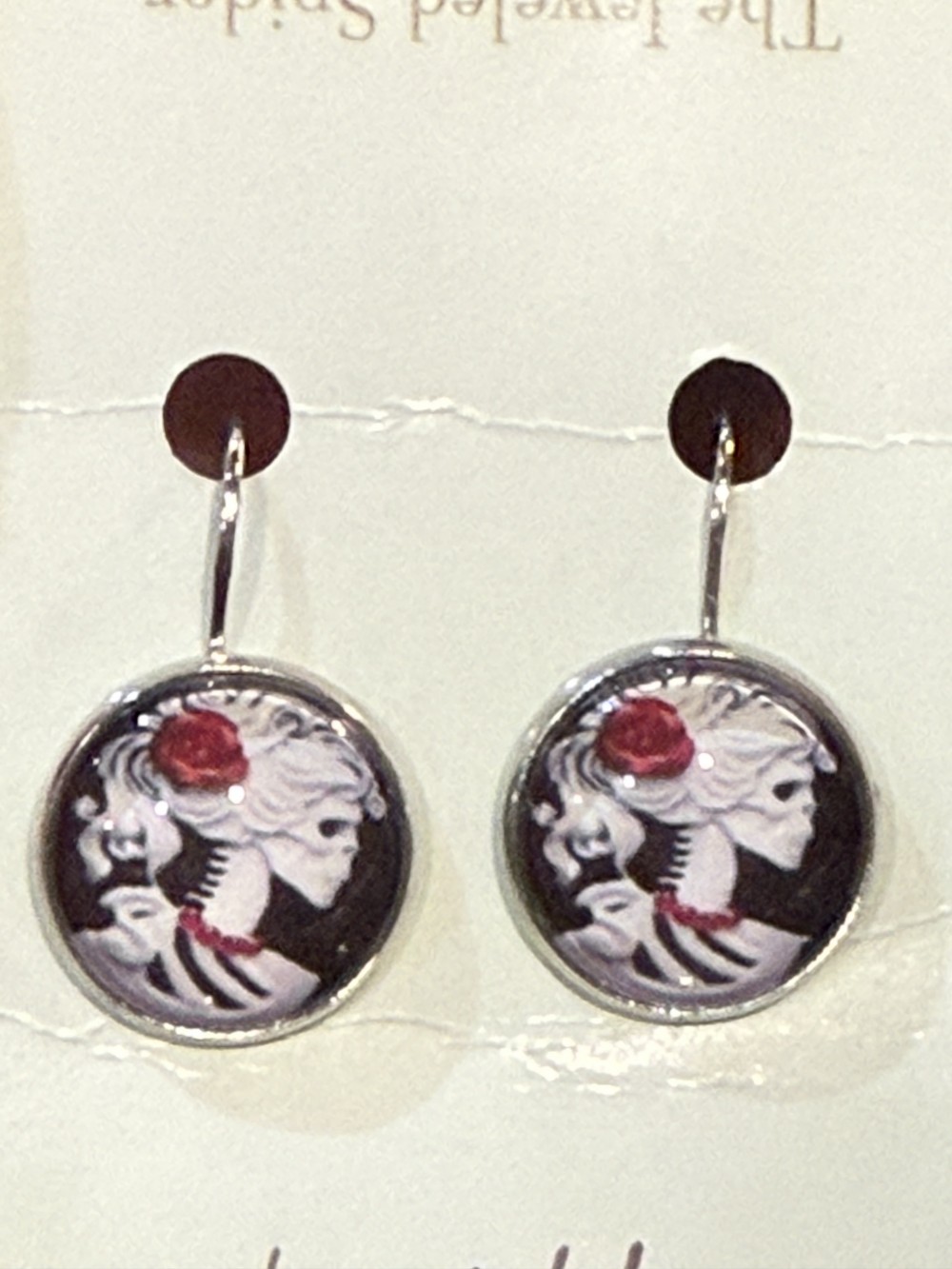Earrings - Female Skull Profile w Rose Cameo Round, Day of the Dead