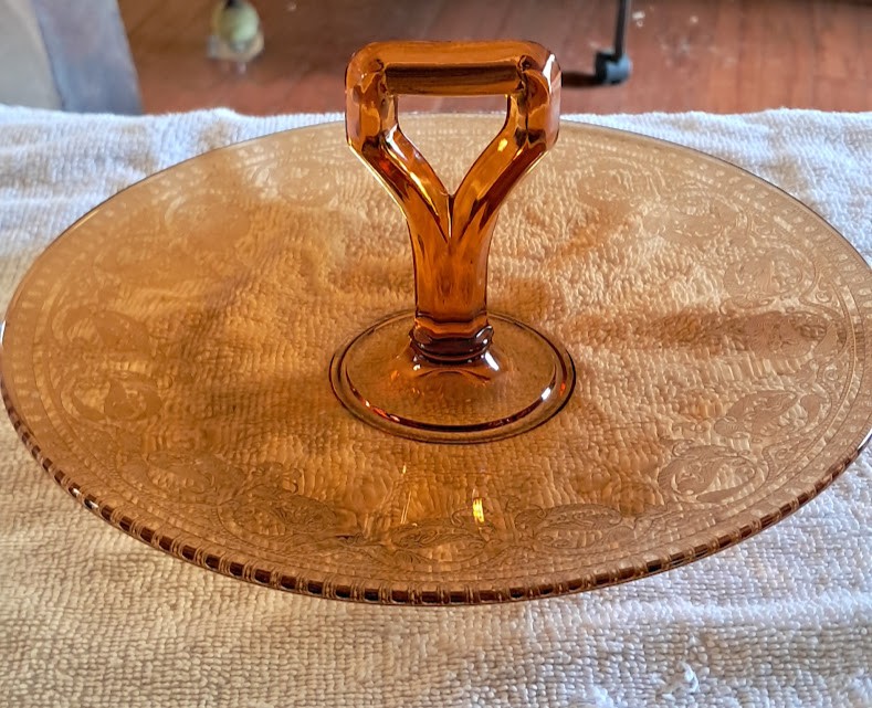Amber Floral Etched Depression Glass Tray, 1900's
