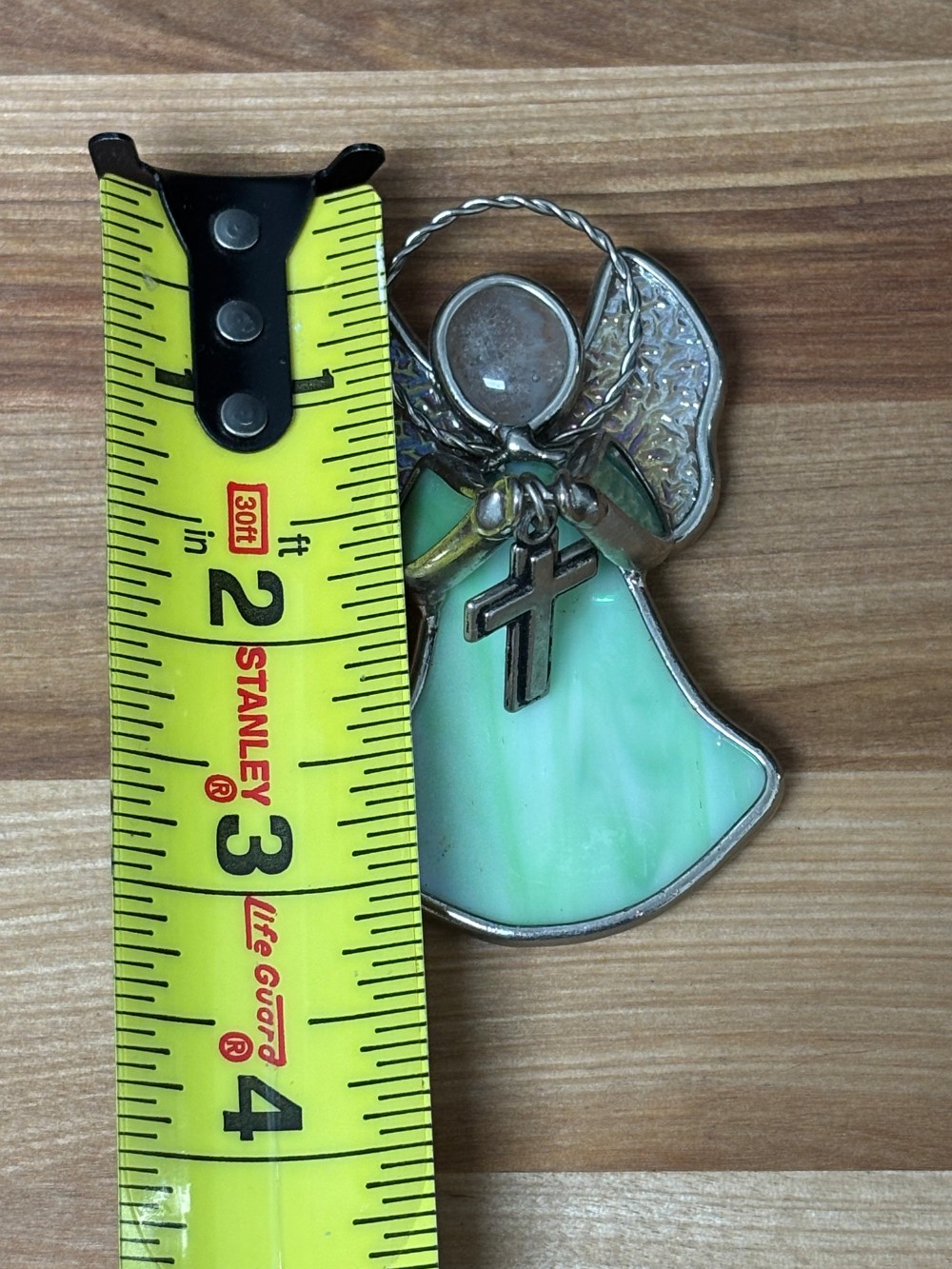 Stained Glass Angel Suncatcher Ornament Green Glass Cross Religious Decor