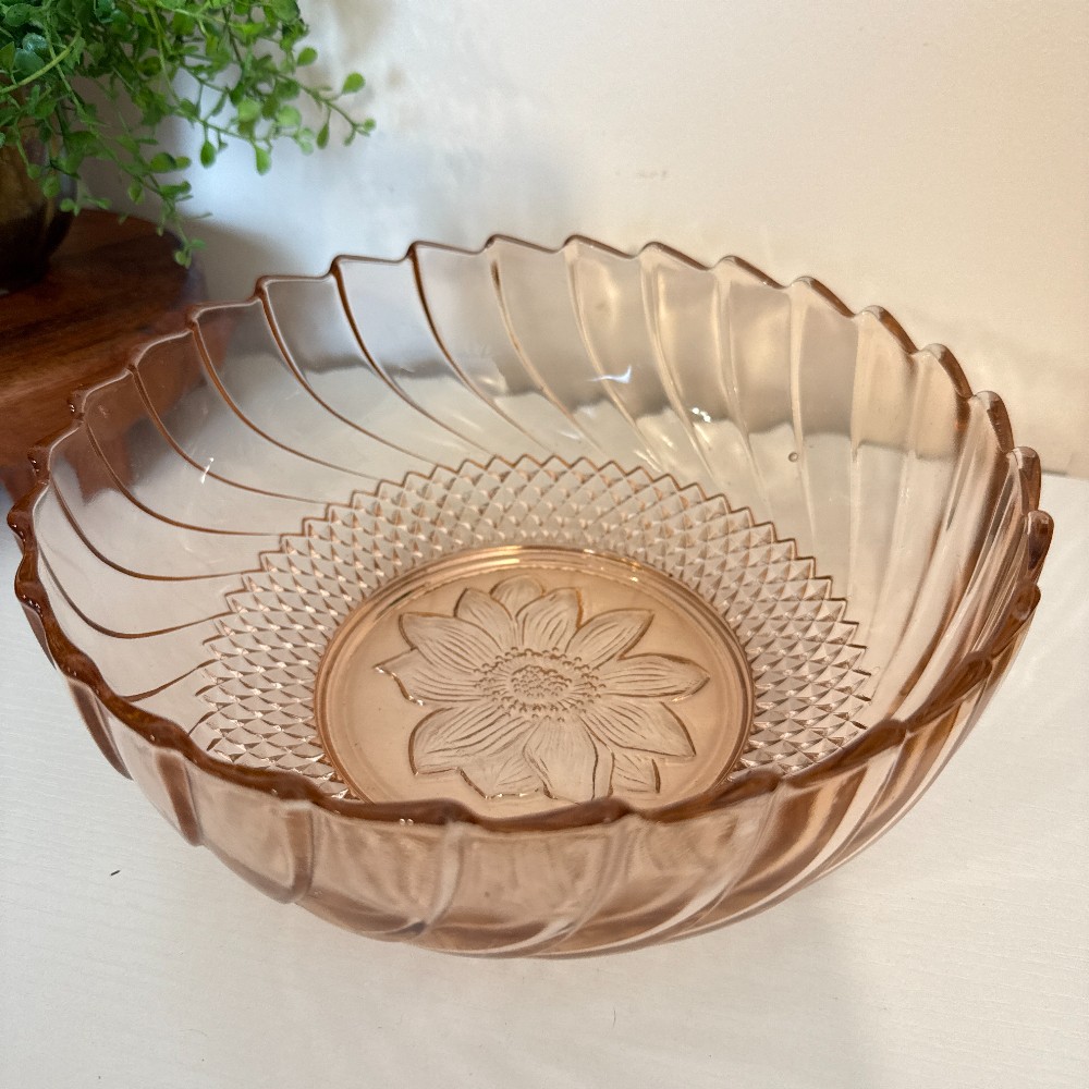 Pink Depression Glass Serving Bowl, Sunflower & Diamond Point