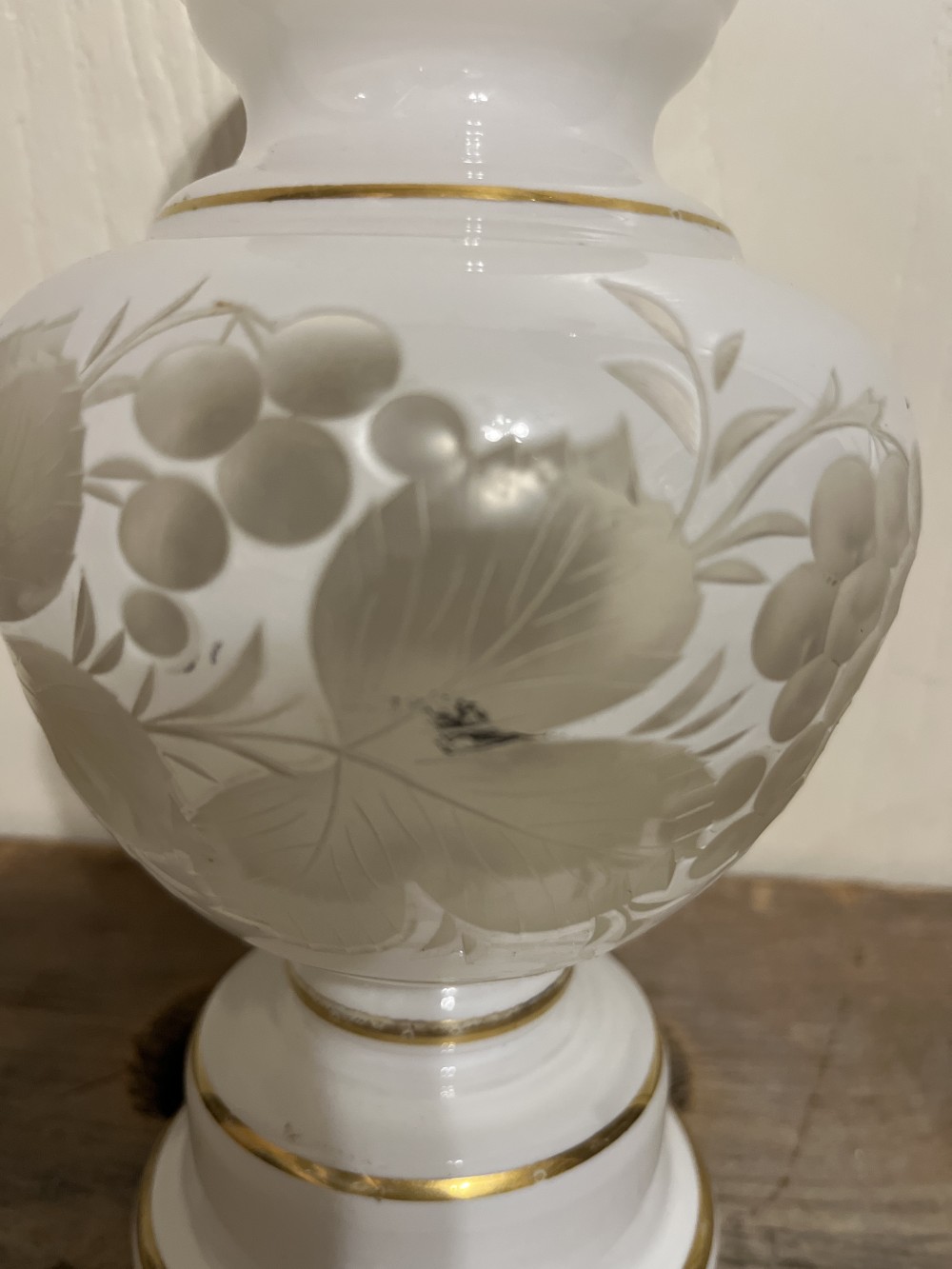 Vtg Bohemian etched milk glass vase
