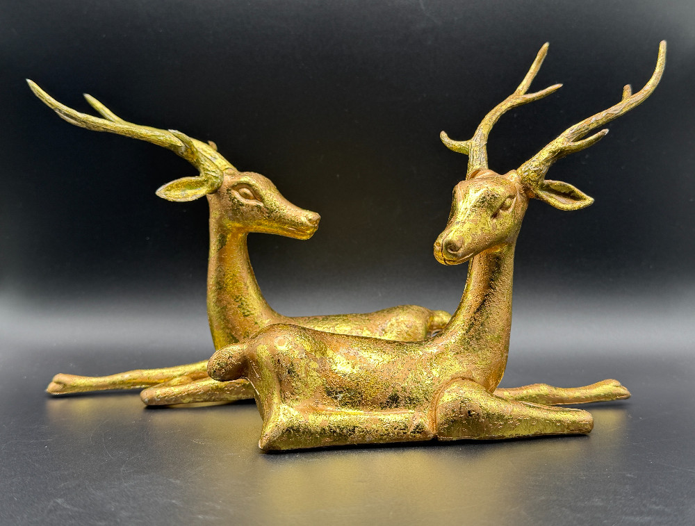Gold Gilded Reclining Deer Holiday Figurines - Set of 2 Contemporary