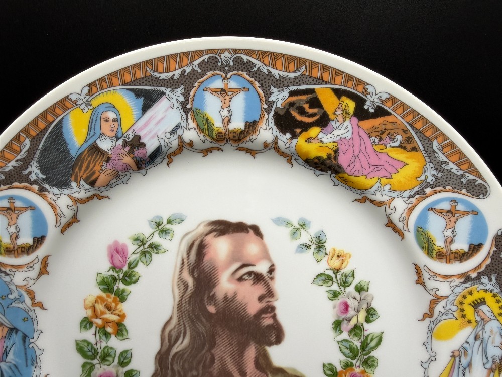 Vintage 1950s Religious Devotional Plate – Head of Christ & Catholic Saints Rim Medallions – Made in Japan