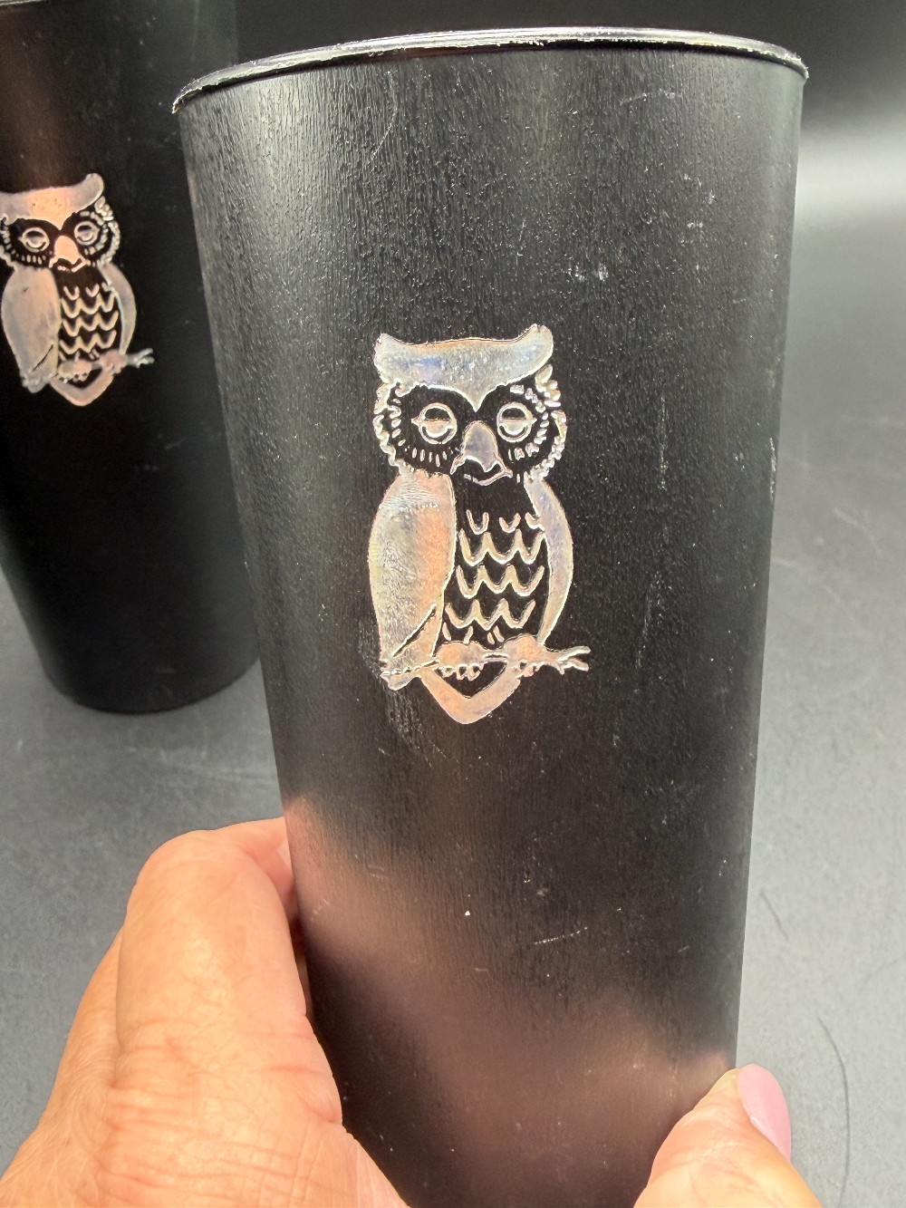 Vintage 1970s Nasco Black Plastic Owl Tumblers - Silver Foil Decal Wise Owl Cups - Set of 3 (Mold 1072)
