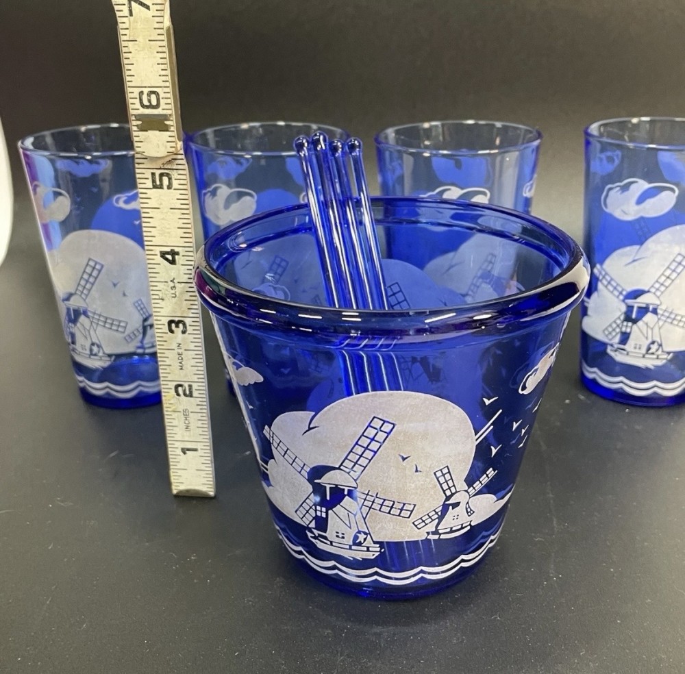Cocktail Glass Set Hazel Atlas Cobalt Blue Dutch Windmill Ice Bucket 4 Glasses 4 Stir Sticks Vintage