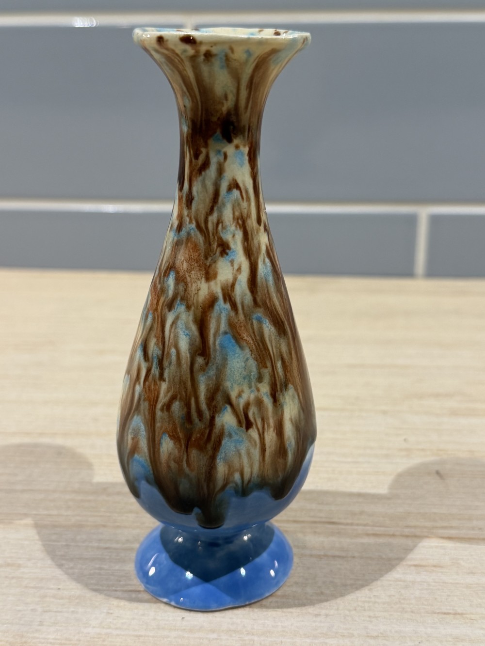 VTG Blue & Brown Drip-Glaze Bud Vase 6”