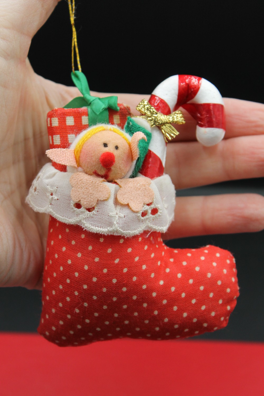 Vtg fabric elf in stocking ornament