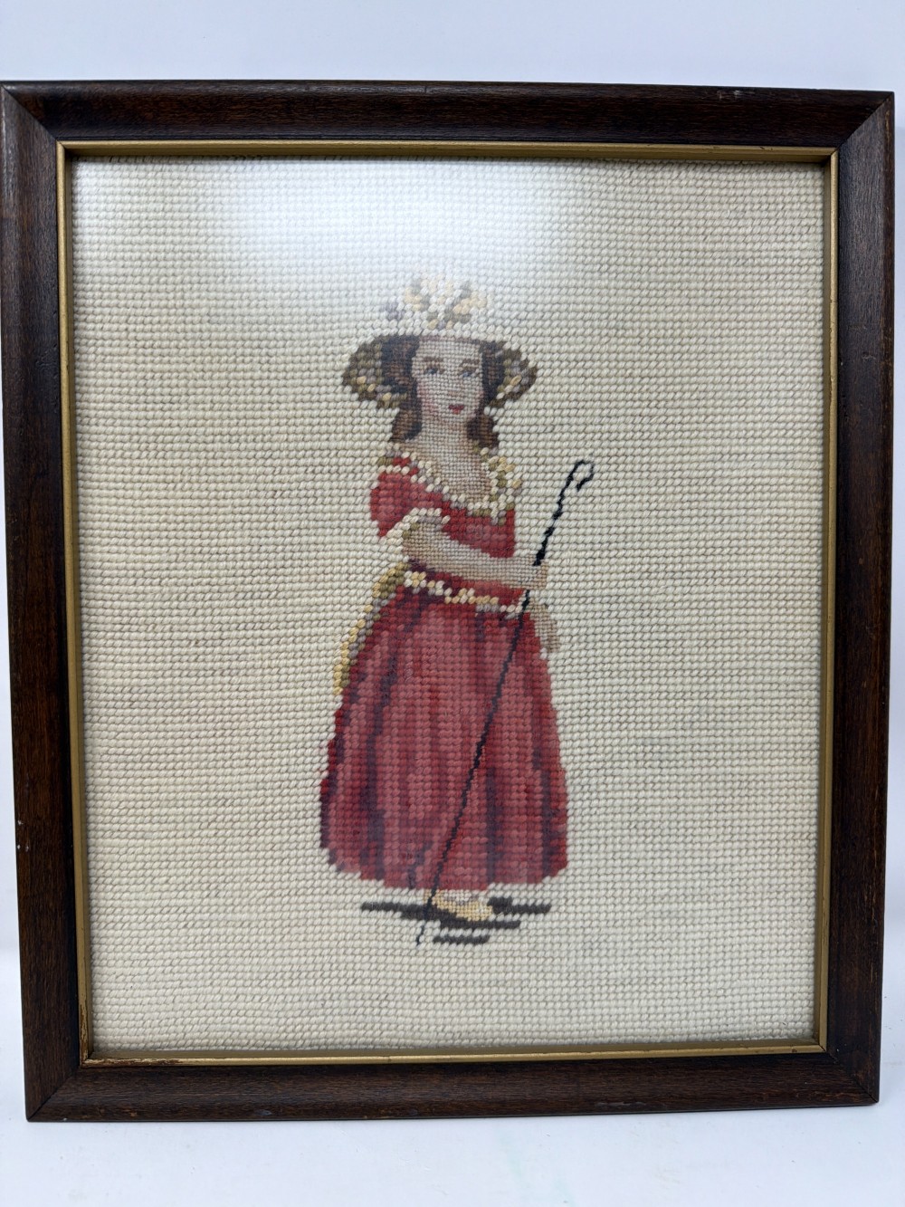 Vtg Girl in Red Dress Needlepoint