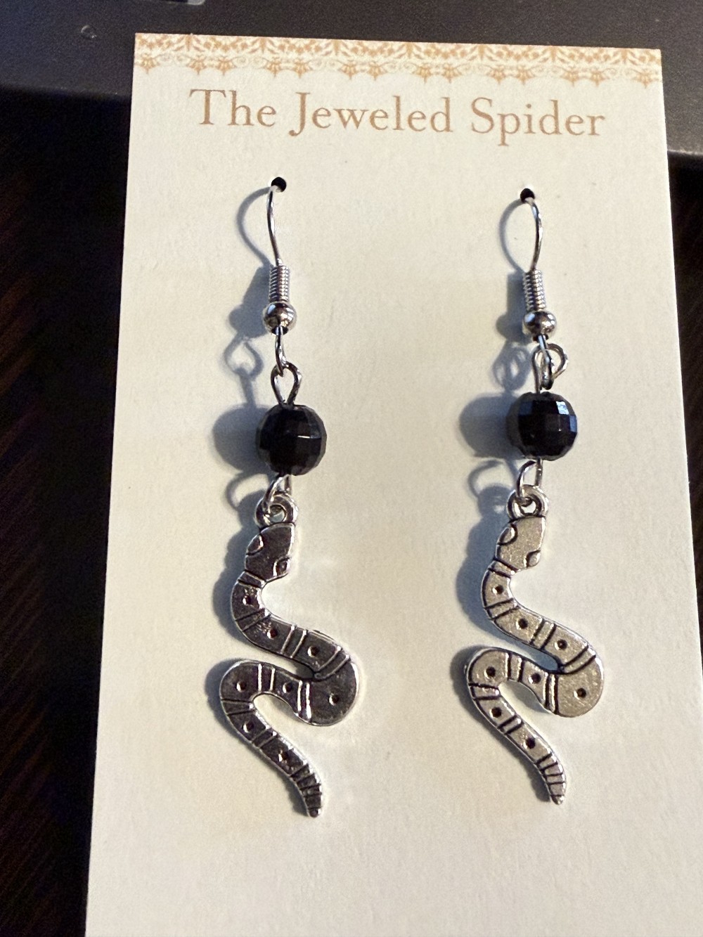 Earrings - Wavy Etched Snake Black Bead Snake, Serpent, Snakes, Serpents