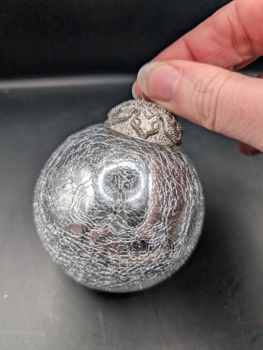 set of three vintage Kugel-style mercury crackle glass Christmas ornaments